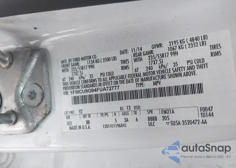 2015 Ford Escape Se z USA, uszkodzony, nr VIN 1FMCU9G94FUA72777